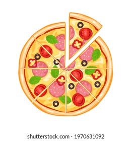 Sliced pizza top view. Vector food illustration. Icon. Cartoon flat style.