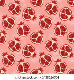 Sliced Pomegranates on a Pink Background. Hand drawn Sliced Pomegranate seamless pattern.