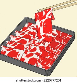 Sliced Pork Belly Shabu Shabu. Sliced Beef, Chopsticks are picking up Sliced Meat Vector