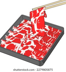 Sliced Pork Belly Shabu Shabu. Sliced Beef, Chopsticks are picking up Sliced Meat Vector	on white background.