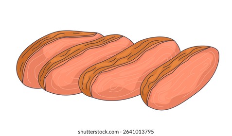 Sliced pork cuts 2D cartoon object. Raw uncooked meat with fat marbling. Cooking ingredient. Fresh protein. Chashu food preparation isolated element flat vector clip art on white. Spot illustration