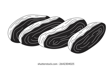 Sliced pork cuts 2D line object. Raw uncooked meat with fat marbling. Cooking ingredient. Fresh protein. Chashu food preparation isolated clipart vector ink outline item. Monochrome spot illustration