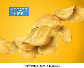 sliced potato chips still life, yellow background 3d illustration 