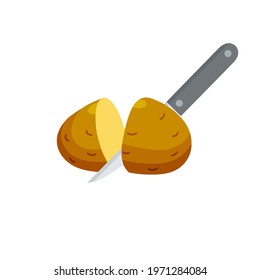 Sliced Potatoes with knife. Piece of brown root vegetable. Cooking the ingredient. Flat Illustration
