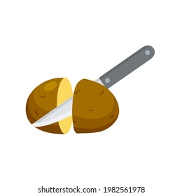 Sliced Potatoes with knife. Piece of brown root vegetable. Cooking the ingredient. Flat Illustration