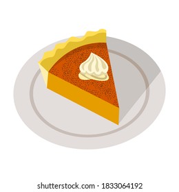 Sliced pumpkin pie on white plate. Vector illustration of fall season food