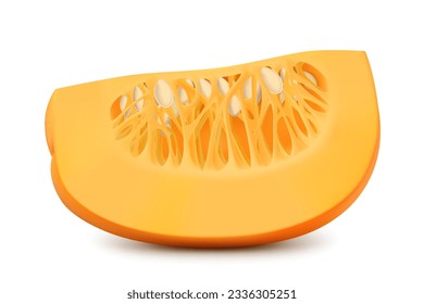 Sliced pumpkin with seeds isolated on white background. Decorative art element for Thanksgiving, Halloween celebration layout design. Bright orange fruit. Realistic 3d vector