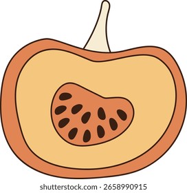 A sliced pumpkin showing seeds in a flat cartoon style. The cut section reveals the inner texture and seed arrangement. Cartoon vector illustration.