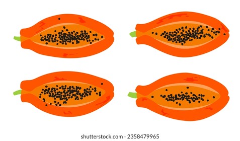 Sliced realistic papaya with seeds set. Simple flat design.