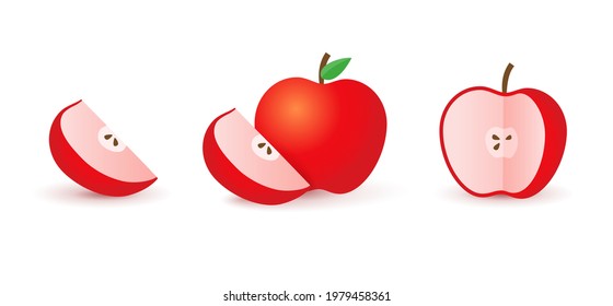 Sliced Red apple half and slice. realistic red Apple closeup. Vector illustration apple isolated on a white background.