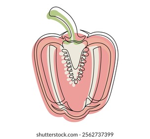 Sliced red bell pepper line isolated on white background. Simple silhouette of vegetable. Hand drawn red bell pepper outline. Vector illustration