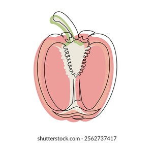 Sliced red bell pepper line isolated on white background. Simple silhouette of vegetable. Hand drawn red bell pepper outline. Vector illustration