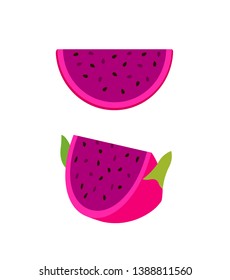 sliced Red dragon fruit, Summer tropical fruit, cartoon flat icon, vector illustration sketch isolated on white background