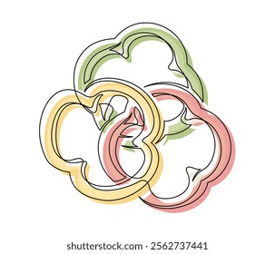 Sliced red, green and yellow bell peppers line isolated on white background. Simple silhouette of vegetables. Hand drawn bell peppers outline. Vector illustration