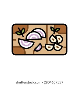 Sliced red onion and garlic cloves on a wooden cutting board with vegetables ingredients prepared culinary nutrition
