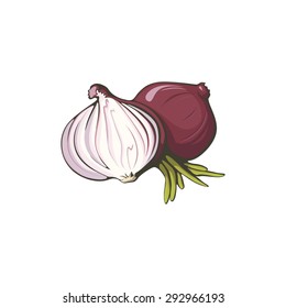 Sliced red onion realistic vector illustration on white background.