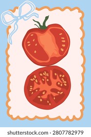 Sliced red tomato illustration on wavy frame card with blue bow, coquette aesthetic kitchen poster, watercolor style farm fresh vegetable print
