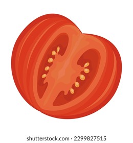 Sliced red tomato. Tomato wedges and slices, halved and thinly sliced for salads and snacks. Flat cartoon vector isolated on white background