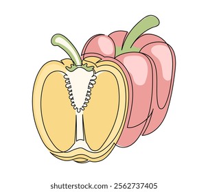 Sliced red and yellow bell peppers line isolated on white background. Simple silhouette of vegetables. Hand drawn bell peppers outline. Vector illustration