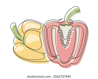 Sliced red and yellow bell peppers line isolated on white background. Simple silhouette of vegetables. Hand drawn bell peppers outline. Vector illustration