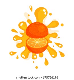 Sliced ripe orange juice splashing, colorful fresh juicy fruit vector Illustration