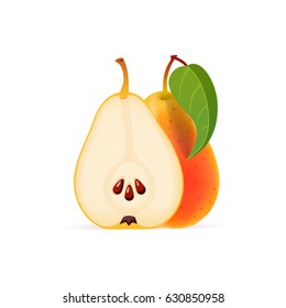 Sliced ripe pear with green leaf isolated on white backrgound vector illustration
