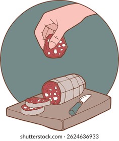Sliced salami cartoon illustration on cutting board