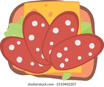 Sliced salami and cheese on toast. Food top view