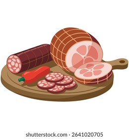 Sliced salami on cutting board isolated vector illustration on white background