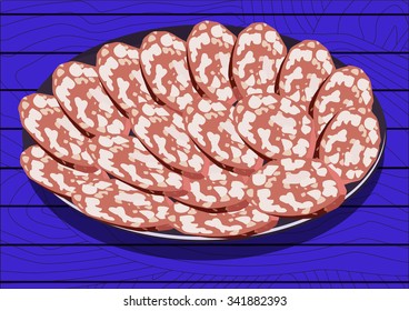 Sliced salami on the plate, on blue background. Vector illustration