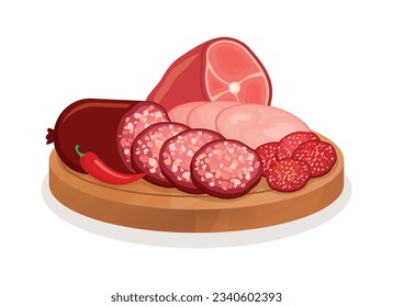 Salami rebanado en un vector de ícono de tabla de corte de madera. Icono de rebanada de salchicha de carne aislada en un fondo blanco. Distintos tipos de dibujo de salami