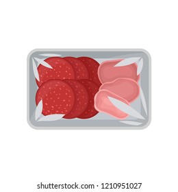 Sliced salami sausage and ham in the package with transparent wrap, food plastic tray container vector Illustration on a white background