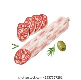 Salame de salame fatiado com peça inteira, guarnecido com alecrim e azeitona verde. Charcuterie e gourmet conceito de comida para design e impressão.