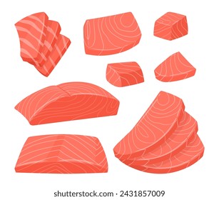 Salmón en rodajas. Deliciosas rebanadas de sashimi de pescado rojo, plato japonés de deliciosas rebanadas de salmón crudo conjunto de ilustración vectorial plana. Colección de rodajas de filete de salmón