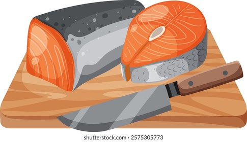 Sliced salmon with knife on wooden board