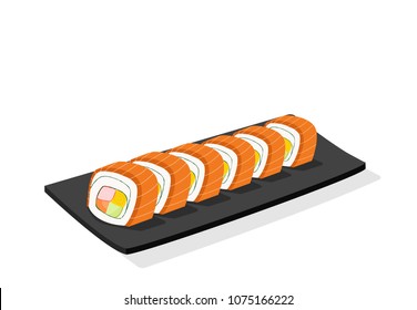 Sliced Salmon sushi roll on black plate, isolated