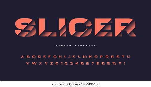 Sliced sans serif vector alphabet, cut font, letter and number set.