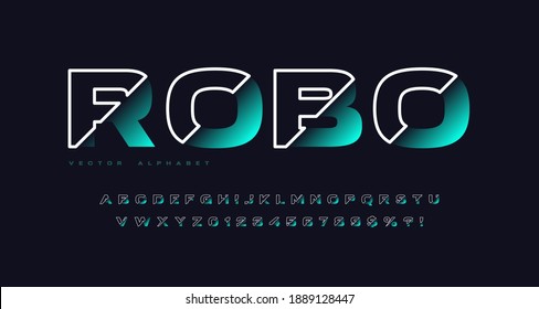 Sliced sans serif vector alphabet, cut font, letter and number set.