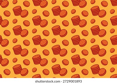 Sliced sausage colorful seamless pattern on yellow background for culinary. Pepperoni rounds and cured sausage slices cartoon pattern background for food. Vector Illustration