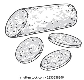 Sliced sausage monochrome set emblems with half stick of beef salami or pepperoni slices in different positions vector illustration