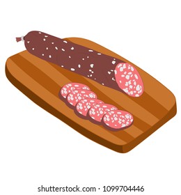 the sliced sausage on a wooden board vector drawing illustration