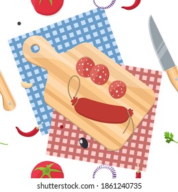 sliced sausage on a wooden Board, around various products tomatoes, knife, etc. On white background. Delicious food, the concept of a fun time. vector seamless pattern background