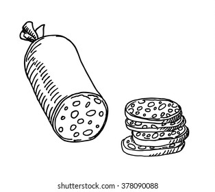 Sliced sausage salami sketch  drawing. Vintage line style illustration. 
For restaurant and  cafe design
