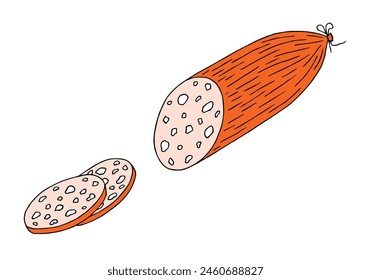 Salchicha en rodajas. Dibujo a mano alzada Doodle. Dibujado A Mano. Esquema.