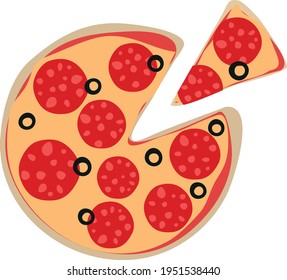 A sliced slice of pizza vector Illustration isolated on white background. Logo concept for a pizzeria. Pepperoni pizza with olives