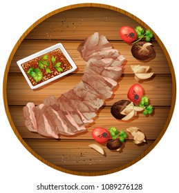 Sliced steak dinner illustraiton on board
