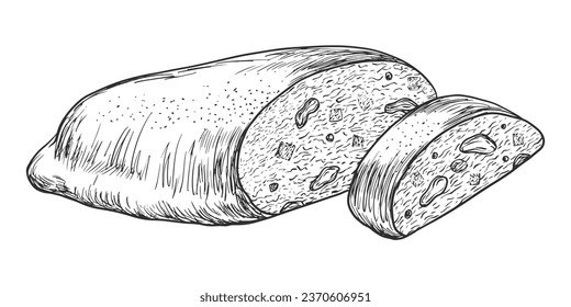 Sliced stollen with dried fruits. Traditional German Christmas fruit bread with nuts, marzipan, raisins, candied fruits. Sketch style piece of pie. Black and white engraving style sweet bread