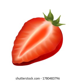 Sliced Strawberry Berry With Green Leaf Vector. Summer Agricultural Aroma And Sweet Ripe Strawberry Nutrition. Fresh Juicy Diet Vegetarian Bio Natural Dessert Layout Realistic 3d Illustration