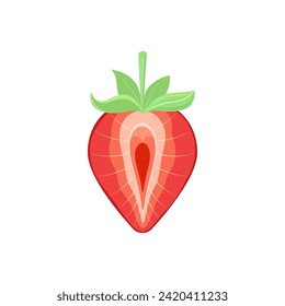 Sliced ​​half strawberry. Fresh red ripe ripe berry on a white background. Front view.