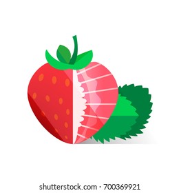 Sliced strawberry with leaf isolated on white. Modern flat 2.0 vector illustration